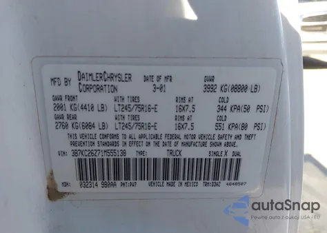 2001 Dodge Ram 2500 St z USA, uszkodzony, nr VIN 3B7KC26Z71M555138